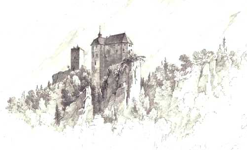 Burg Trôlswaht, Zeichnung von Markus Pernhart (1824-1874, Schutzfrist abgelaufen, gemeinfrei)