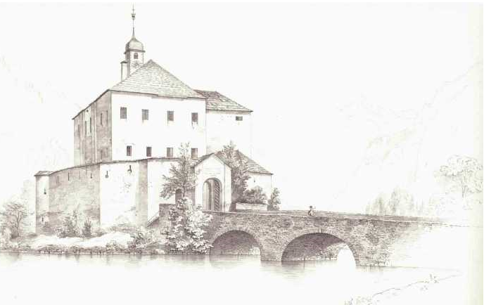 Gutshaus Gennshof, Zeichnung von Markus Pernhart (1824-1871, Schutzfrist abgelaufen, gemeinfrei)